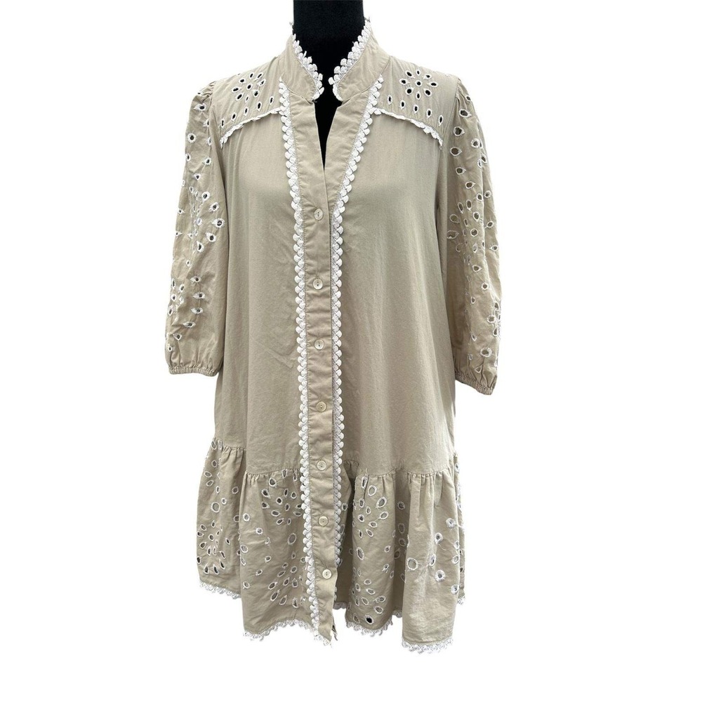Christian Lacroix Tan Cotton Eyelet Lace Trim Ruffle Shirt Dress Small